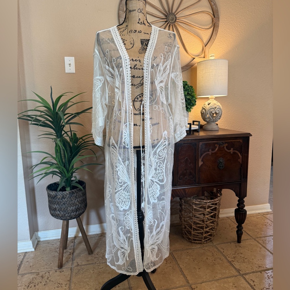 Rebellion Again Sheer White Lace Embroidered with Butterflies Long Kimono Duster